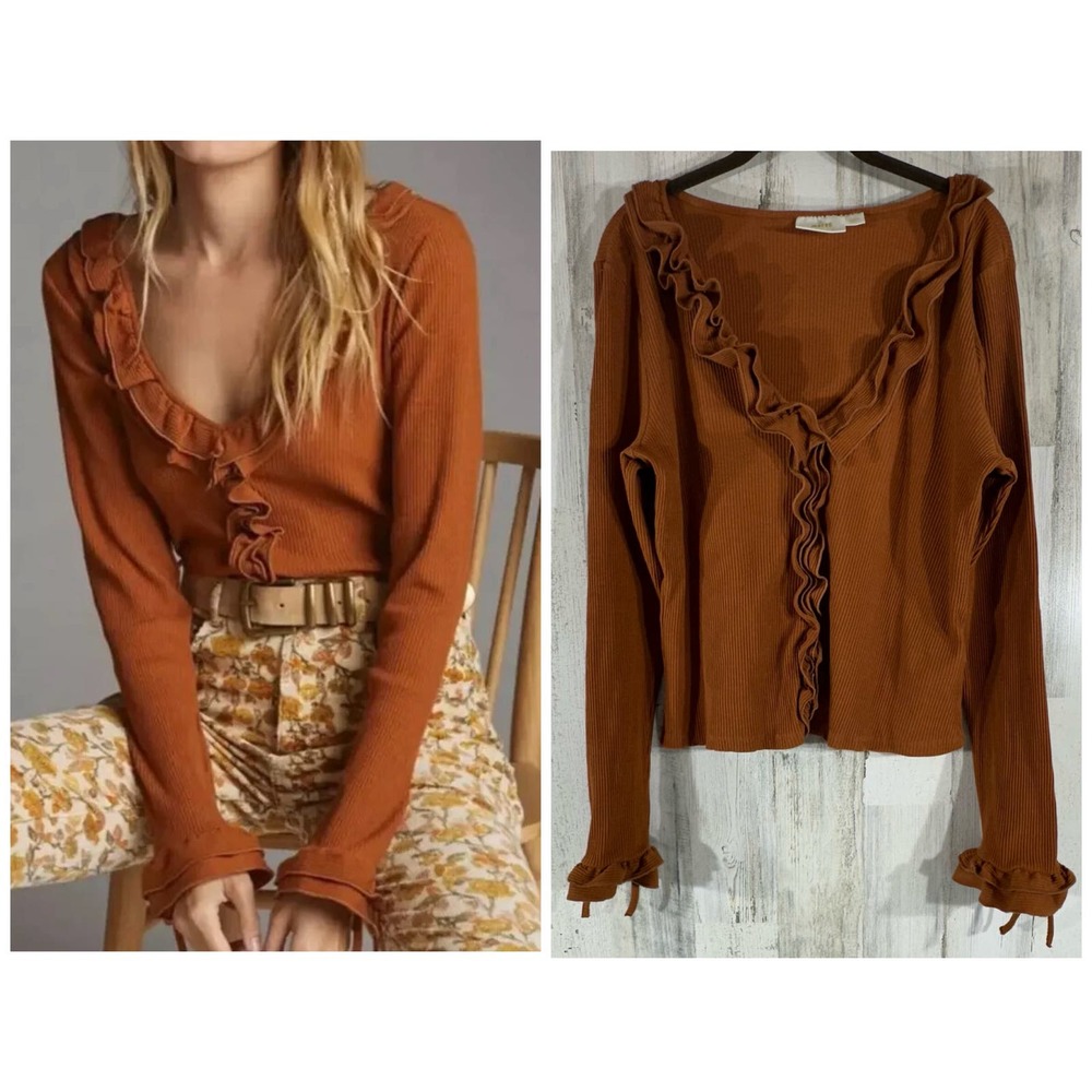 Maeve Anthropologie Cropped Shirt Top Brown Ribbed Ruffles Tie Wrist Size Large